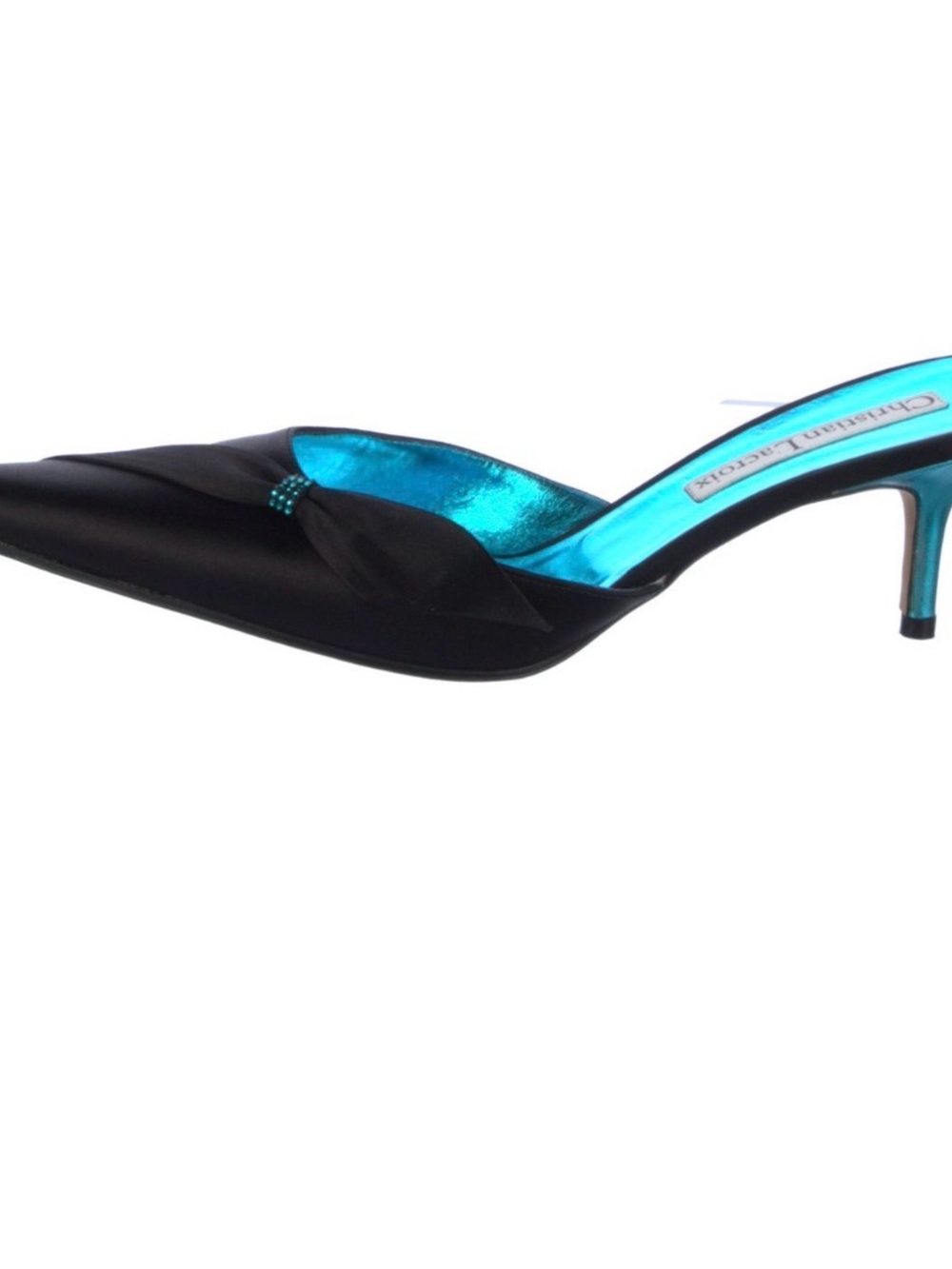 Christian Lacroix Black Satin Pointed-Toe Mules with Turquoise Insole - Picture 2 of 5
